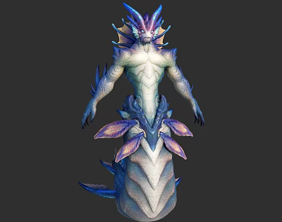 Mythical Humanoid Dragon Creature 3D Model With Blue Purple Horns Scales And Ornamental Features 3d model