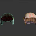 Weapon Themed Helmets With Brown And Pink Patterns And Goggles On Reflective Black Surface 3d model