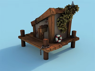 Cartoon Scene of Wooden House on Wooden Platform with Green Plant Decorations and Lifebuoy 3d model