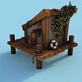 Cartoon Scene of Wooden House on Wooden Platform with Green Plant Decorations and Lifebuoy