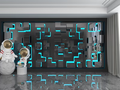 Modern Geometric Wall With Blue LED Lights And Astronaut Figurines In Reflective Floor Room 3d model