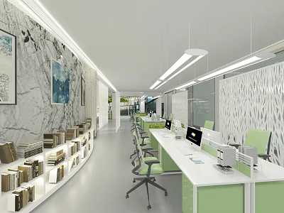 Modern Open Public Office Space With White Desks Green Chairs Bookshelves And Pendant Lights 3d model