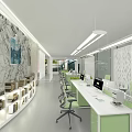 Modern Open Public Office Space With White Desks Green Chairs Bookshelves And Pendant Lights