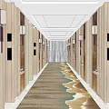Modern Elevator Hallway Design With Beige Paneled Walls And Wave Pattern Floor 3d model