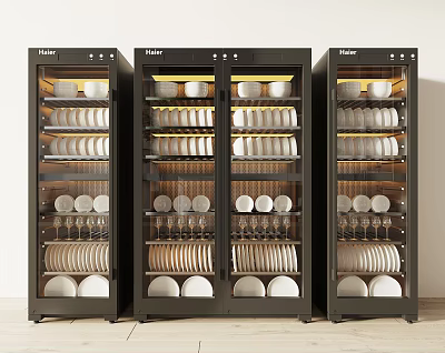 Three Haier Black Sterilizers With Neatly Arranged Plates And Cups Inside 3d model