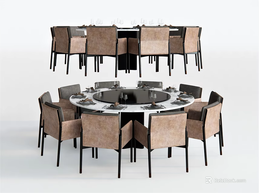 Round Dining Table Set With Upholstered Chairs Marble Top And Place Settings 3d model