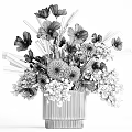 Elegant Decorative Ornament Arrangement With Mixed Flowers Green Foliage In Silver Striped Vase