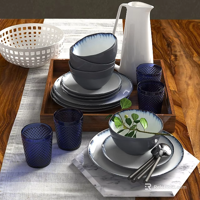 Ceramic Dinnerware Set With Bowls Plates Blue Glass Cups And Wooden Tray On Table 3d model 
