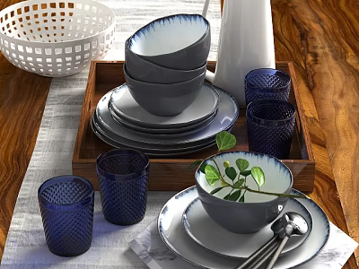Ceramic Dinnerware Set With Bowls Plates Blue Glass Cups And Wooden Tray On Table 3d model