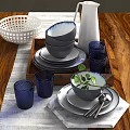 Ceramic Dinnerware Set With Bowls Plates Blue Glass Cups And Wooden Tray On Table