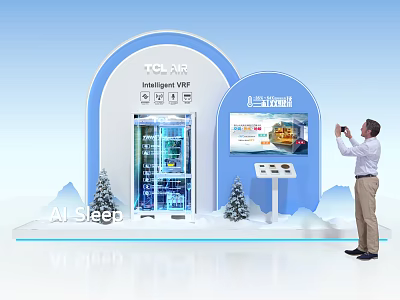 Exhibition Island Showcasing TCL Refrigerator Intelligent IoT JD WeLink Display and Man Taking 3d model