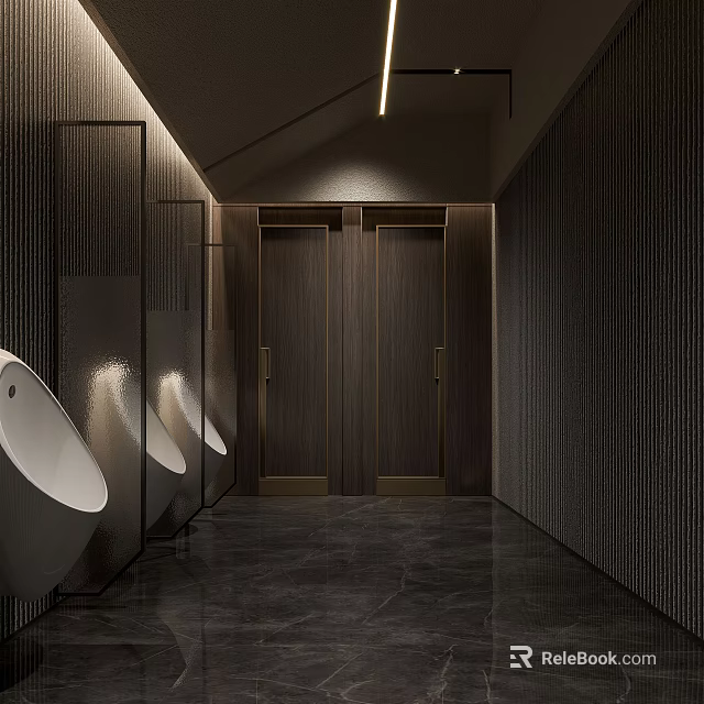 Modern Hotel Bathroom Featuring Dark Wooden Panel Walls White Urinals Recessed Lighting And Marble Flooring 3d model 