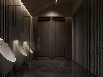 Modern Hotel Bathroom Featuring Dark Wooden Panel Walls White Urinals Recessed Lighting And Marble Flooring 3d model