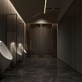 Modern Hotel Bathroom Featuring Dark Wooden Panel Walls White Urinals Recessed Lighting And Marble Flooring