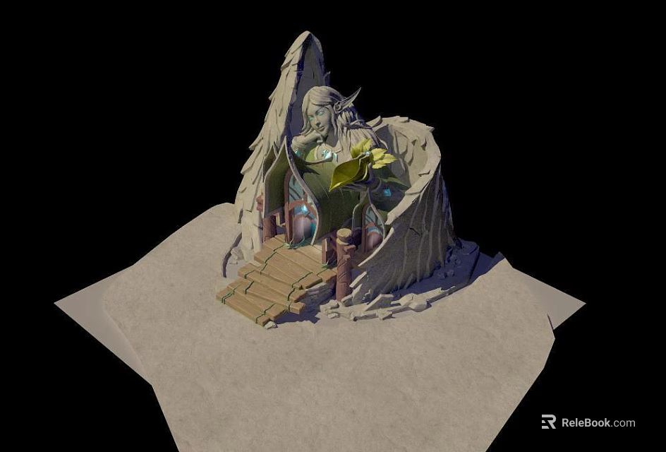 Winged Figure Sculpture with Rock Structure Wooden Steps and Green Plant Pedestal 3d model 