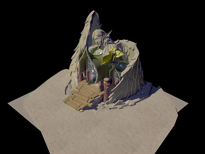 Winged Figure Sculpture with Rock Structure Wooden Steps and Green Plant Pedestal 3d model