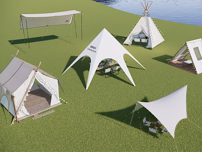 Various Types of Tents for Outdoor Camping on Green Grass Near Waterfront 3d model