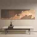 Abstract Brown Gold Wall Art Above Modern Decorative Bench With Vase