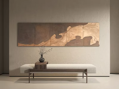 Abstract Brown Gold Wall Art Above Modern Decorative Bench With Vase 3d model