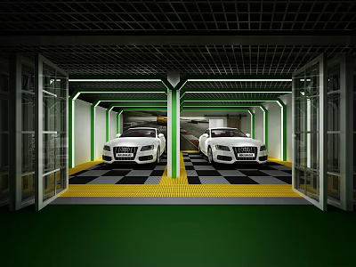 Modern 4S Store Showroom With White Cars Green Lighting And Checkered Floor Design 3d model