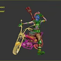 Fantasy Character In Orange Outfit Riding Yellow Motorcycle With Skull Decoration And Green Weapon