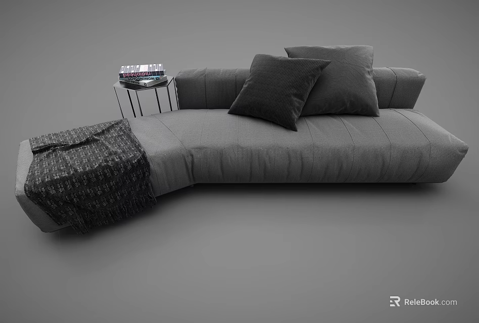 Stylish Curved Sectional Sofa With Dark Throw Pillows Patterned Blanket And Side Table 3d model 