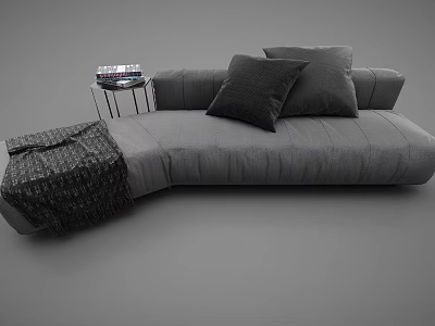 Stylish Curved Sectional Sofa With Dark Throw Pillows Patterned Blanket And Side Table 3d model