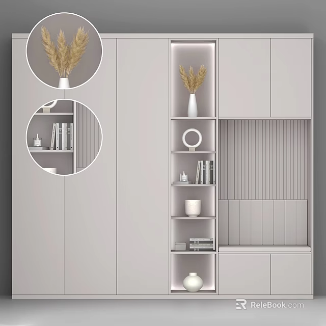 Modern White Dresser With Storage Shelves Decorative Vases Books And Round Ornaments For Living Room 3d model 