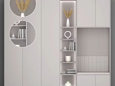 Modern White Dresser With Storage Shelves Decorative Vases Books And Round Ornaments For Living Room 3d model