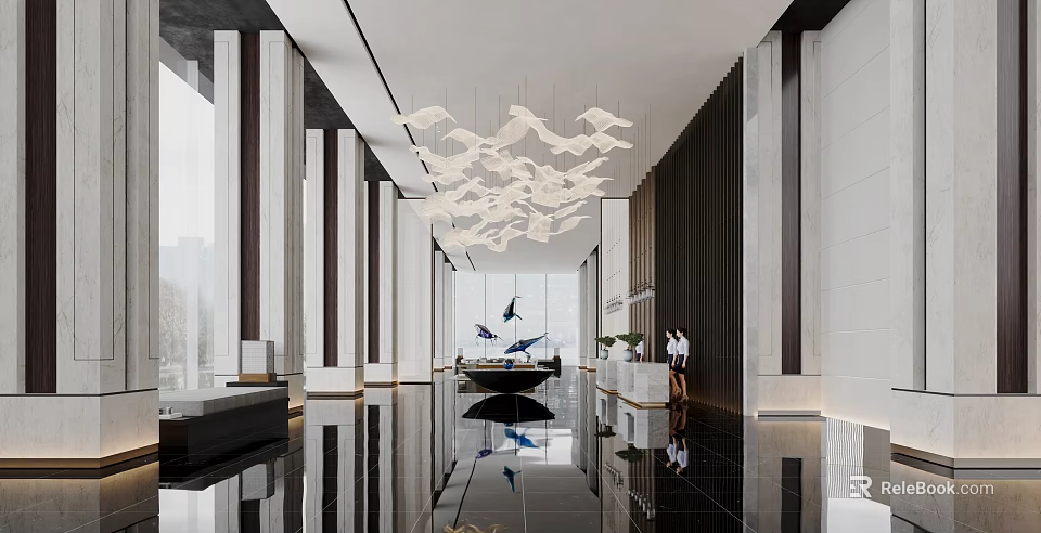 Modern Hotel Lobby Interior With Bird Shaped Chandelier And Polished Black Floor 3d model 
