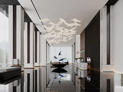 Modern Hotel Lobby Interior With Bird Shaped Chandelier And Polished Black Floor 3d model