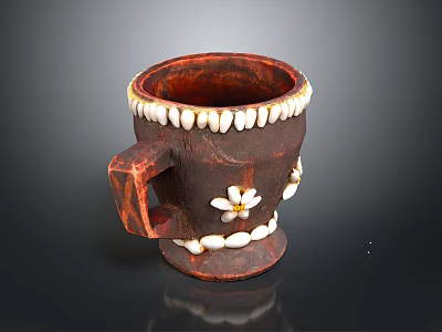 Handmade Brown Ceramic Mug With Square Handle Shell Decorations And Flower Pattern 3d model