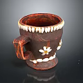 Handmade Brown Ceramic Mug With Square Handle Shell Decorations And Flower Pattern