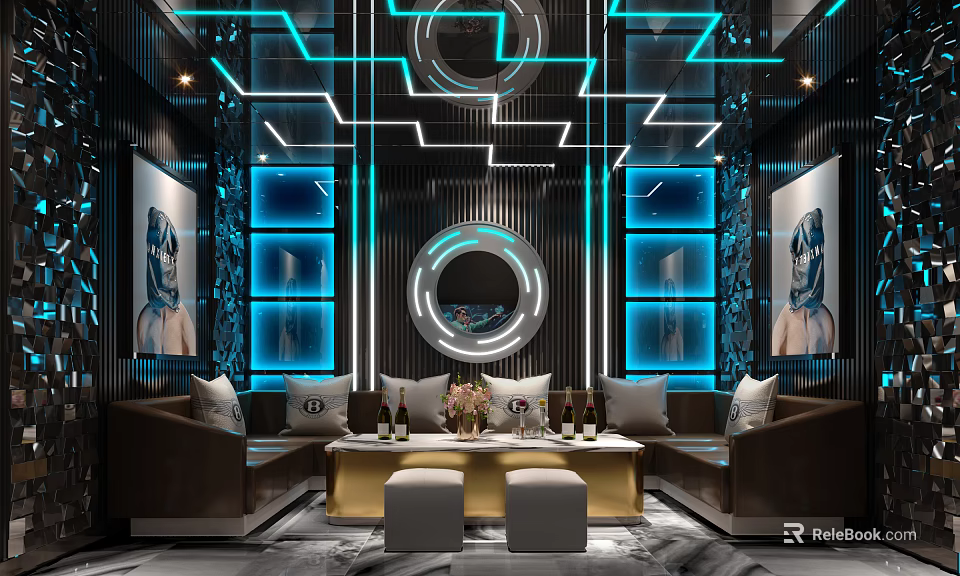 KTV Interior Design With Blue LED Lights Geometric Ceiling Round Mirror And Leather Sofas 3d model