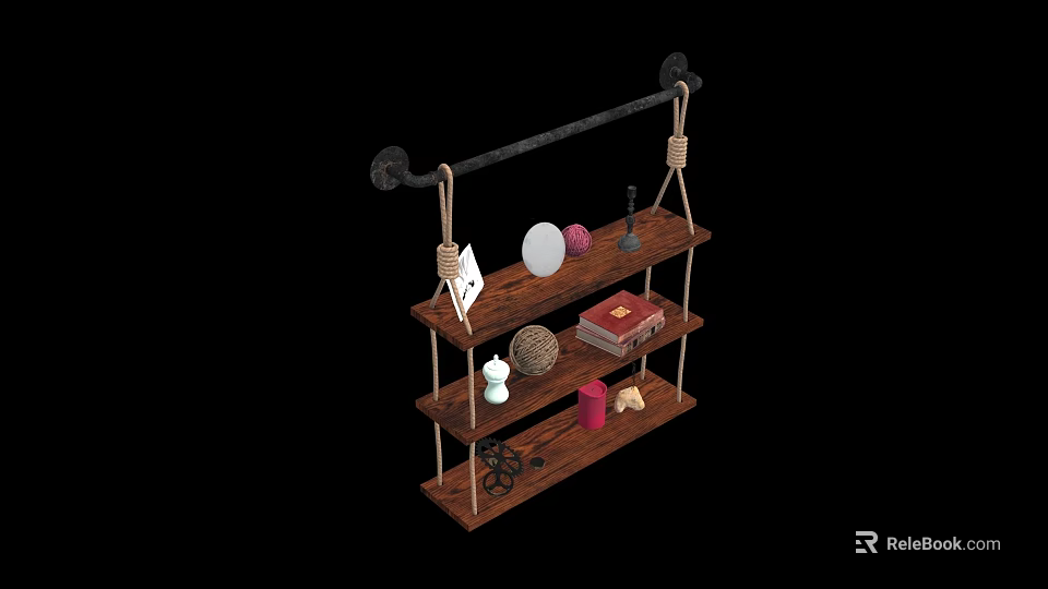 Vintage Wall Clock On Hanging Wooden Shelf With Decorative Items And Books 3d model 