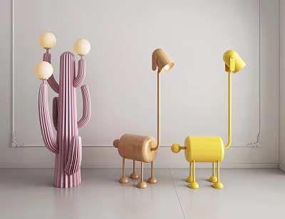 Creative Floor Lamps With Pink Cactus And Brown Yellow Ostrich Shapes 3d model