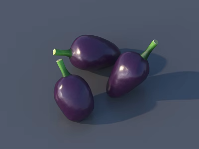 Three Fresh Purple Eggplants With Green Stems On Gray Background 3d model