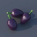 Three Fresh Purple Eggplants With Green Stems On Gray Background