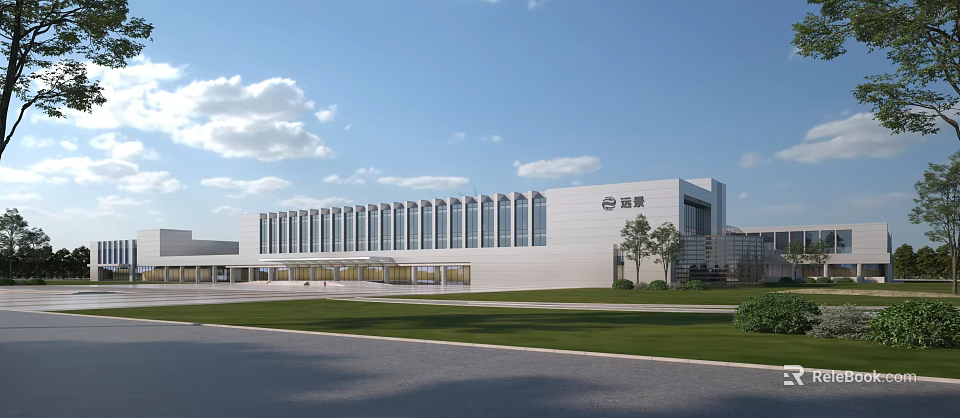 BOE Industrial Park Modern Architectural Design With Large Glass Windows Spacious Lawn And Blue Sky 3d model 
