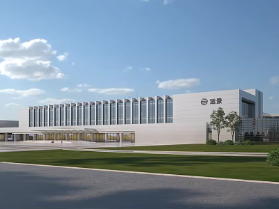 BOE Industrial Park Modern Architectural Design With Large Glass Windows Spacious Lawn And Blue Sky 3d model