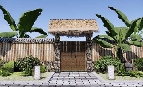 New Chinese Style Gate Courtyard Door Wooden Courtyard Door Homestay Door Village Dwelling Door Thatched Courtyard Door Plantain Plant Landscape 3d model