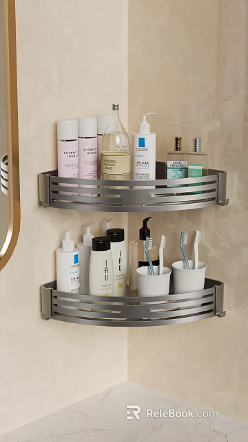 Sturdy Two Tier Metal Bathroom Corner Shelf With Toiletries Toothbrushes And Containers 3d model 