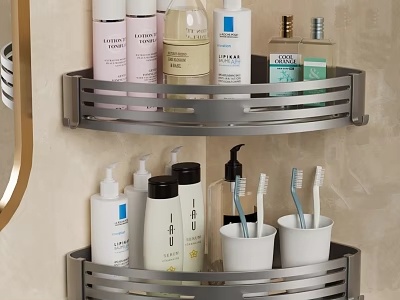 Sturdy Two Tier Metal Bathroom Corner Shelf With Toiletries Toothbrushes And Containers 3d model