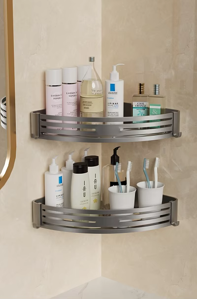 Sturdy Two Tier Metal Bathroom Corner Shelf With Toiletries Toothbrushes And Containers 3d model