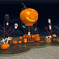 Halloween Night Scene With Pumpkin Ghosts Witch Hat And Bat Decorations 3d model