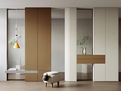 Modern Interior With Wooden And White Mesh Partition Pendant Light Stool And Vase 3d model