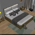Double Bed Golden Frame Headboard Gray Checkered Pillows Bedside Tables Lamp Plant Rug Wall Art