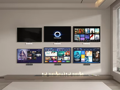 Six Wall Mounted TVs Above Fireplace Showing Diverse Media Content In Modern Living Space 3d model