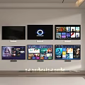 Six Wall Mounted TVs Above Fireplace Showing Diverse Media Content In Modern Living Space