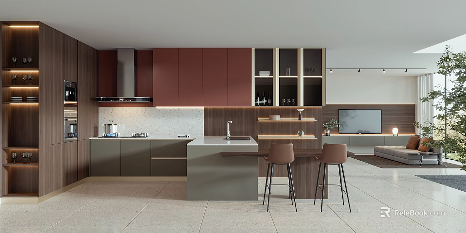 Modern Open Kitchen Interior With Dark Red Cabinets Island Counter And Bar Stools 3d model 